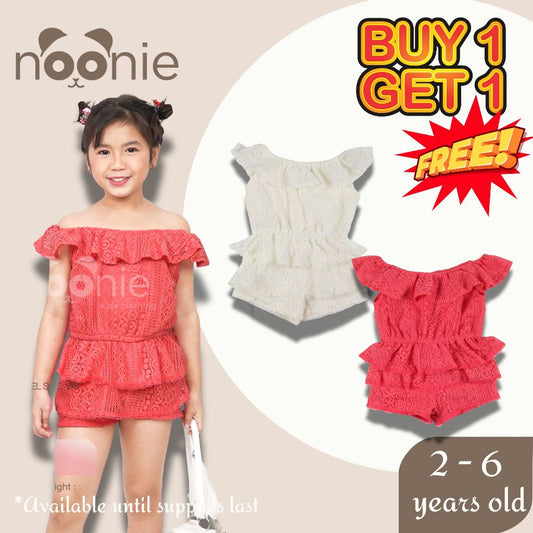 < Buy 1 Take 1 >Noonie- Girls Romper (2-7Y)- Off Shoulder Lace w/ lining Shorts Jumpsuit