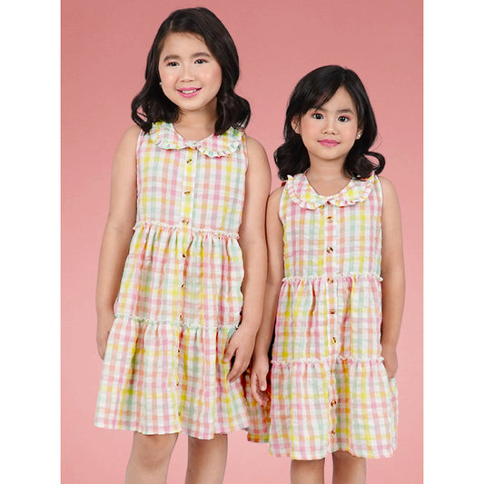 Noonie - Girls Dress (2-4Y) - Gingham Cotton Tiered Dress - Seersucker - Kids Outfit for Girls
