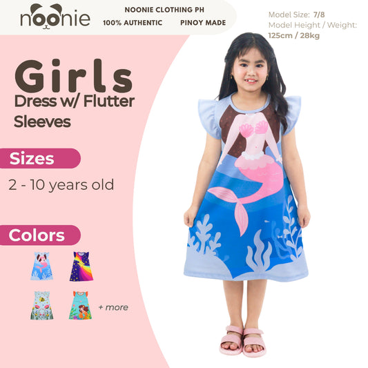 Noonie- Girls Dress (2-10Y) - Dress with Flutter 3D printed characters cartoons mermaid