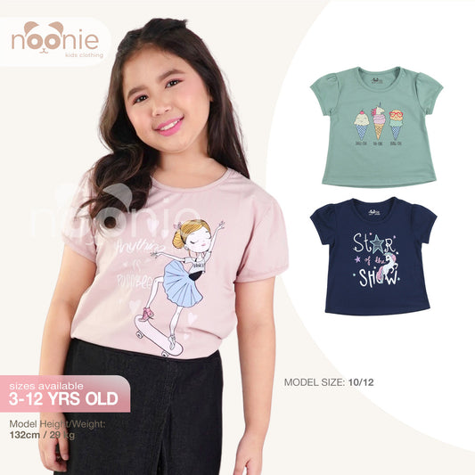 Noonie - Girls Top (3-12yo) - Cotton Jersey Round neck T-Shirt Puff Sleeves with Graphic Print