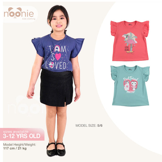 Noonie - Girls Tops (3-12yo) - Cotton Jersey Flutter Sleeves with Graphic Print Stretchable